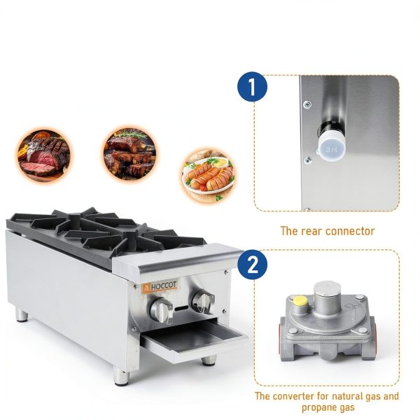 2 Burners Gas Stove, 12"X27" Propane and Natural Gas Commercial Hot Plate, 56,000 BTU Stainless Steel Wok Countertop Commercial Range Restaurant Equipment Gas Stove Burner for Outdoor Cooker-3